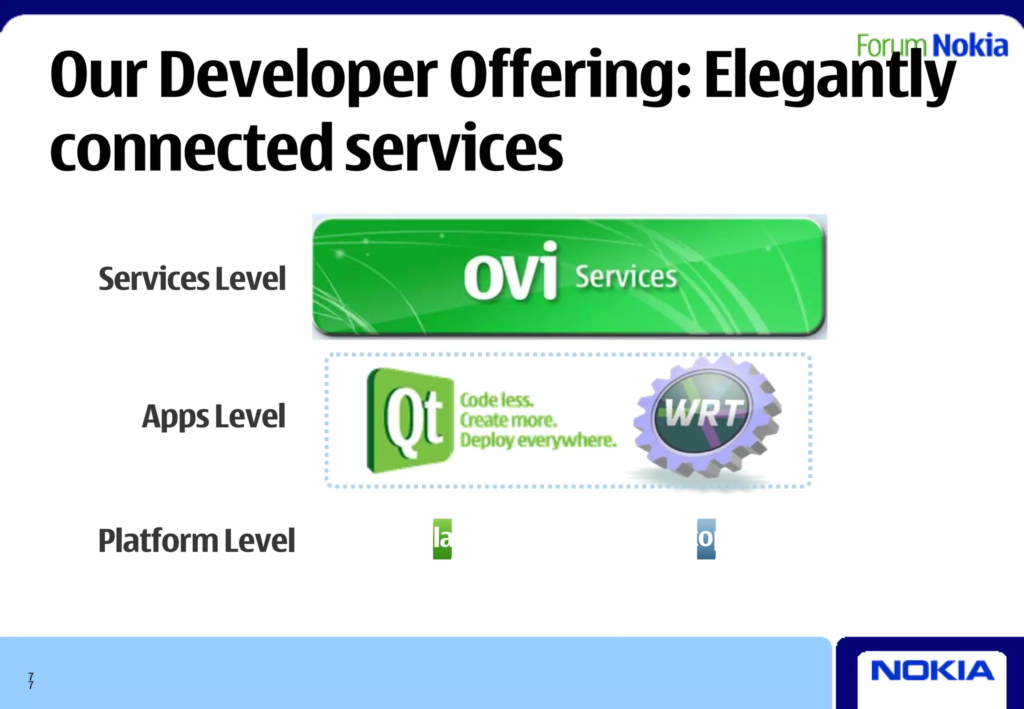Our Developer Offering: Elegantly
    connected services
     Services Level



        Apps Level


     Platform Level   Nokia platforms   Desktop OSs




7
7
 