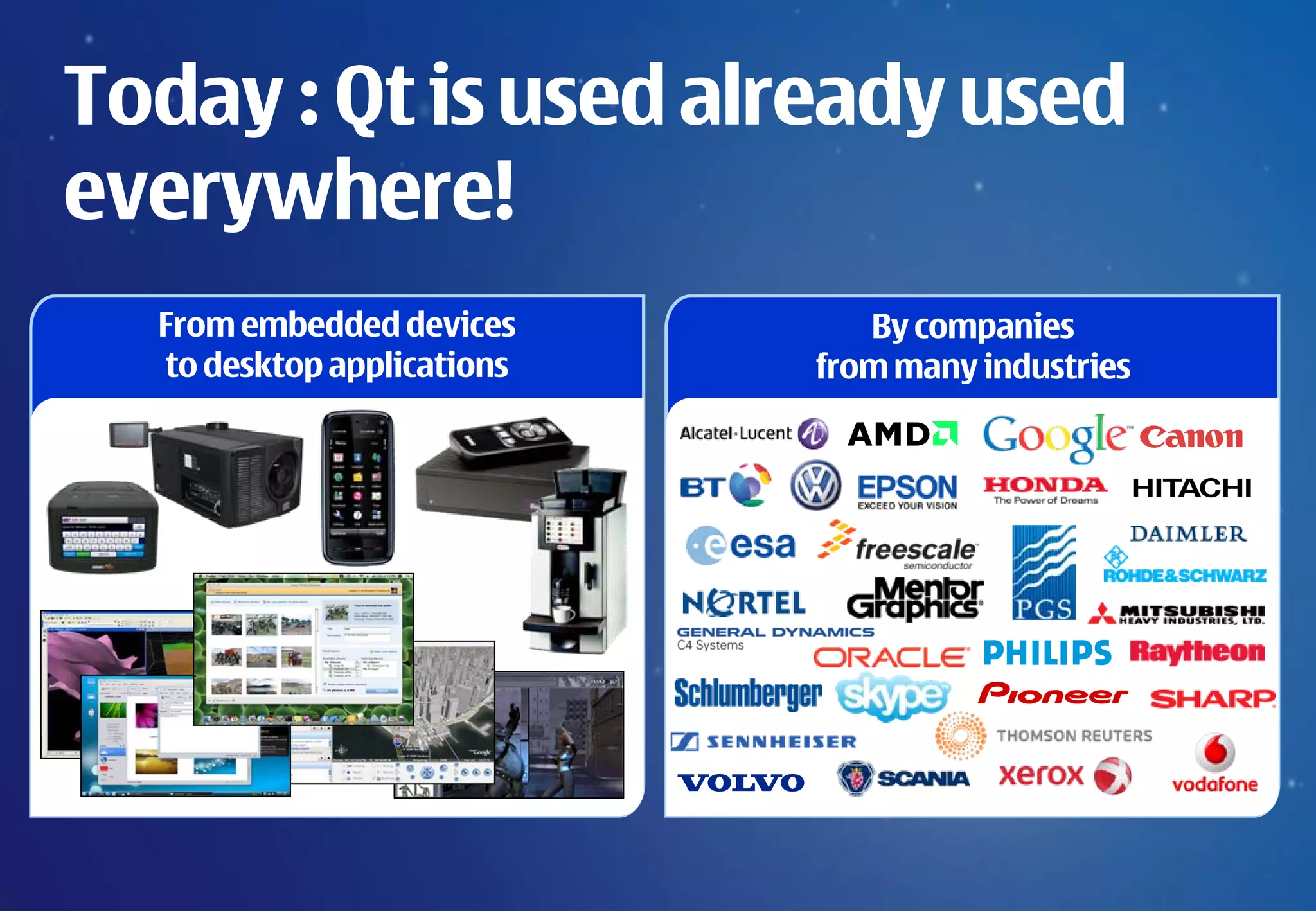Today : Qt is used already used
    everywhere!
      From embedded devices        By companies
      to desktop applications   from many industries




9
 