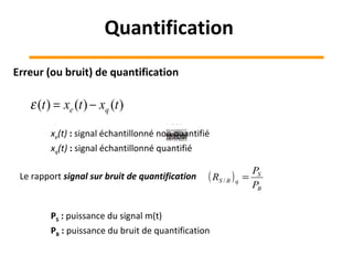 Erreur (ou bruit) de quantification
)()()( txtxt qe −=ε
( )
B
S
qBS
P
P
R =/
Le rapport signal sur bruit de quantification
PS : puissance du signal m(t)
PB : puissance du bruit de quantification
xe(t) : signal échantillonné non quantifié
xq(t) : signal échantillonné quantifié
Quantification
 