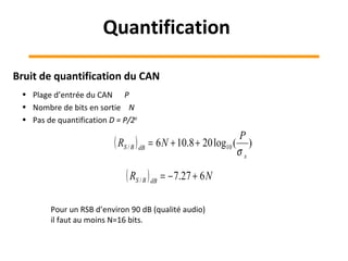 Bruit de quantification du CAN
• Plage d’entrée du CAN P
• Nombre de bits en sortie N
• Pas de quantification D = P/2N
( ) )(log208.106 10/
x
dBBS
P
NR
σ
++=
( ) NR dBBS 627.7/ +−=
Pour un RSB d’environ 90 dB (qualité audio)
il faut au moins N=16 bits.
Quantification
 