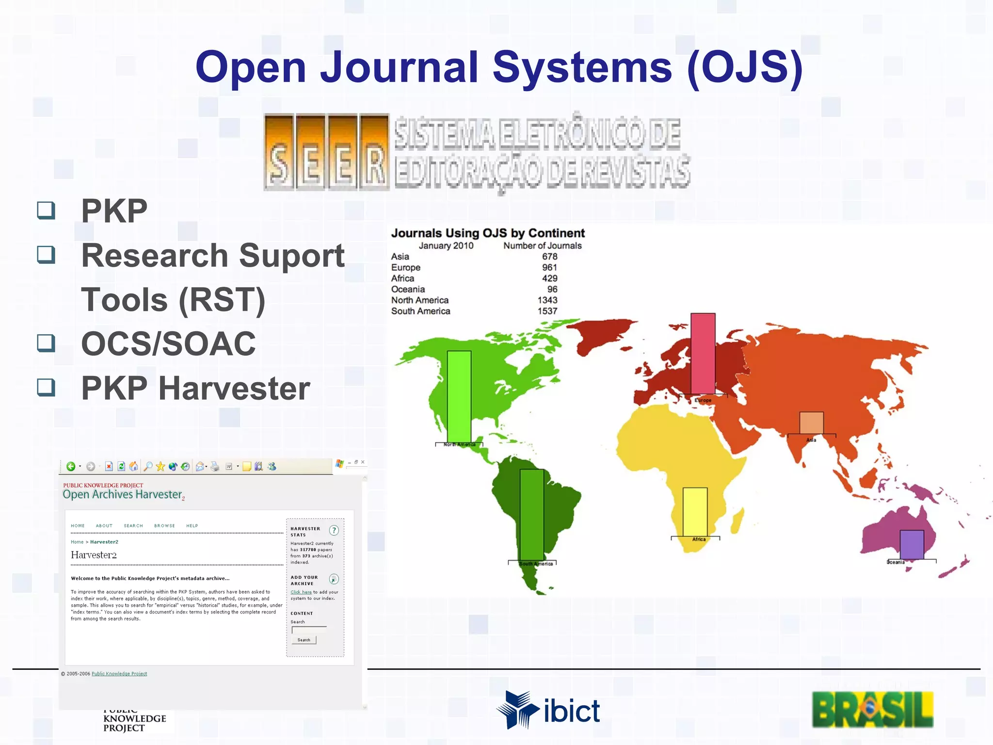 Open Journal Systems (OJS)  PKP Research Suport Tools (RST) OCS/SOAC PKP Harvester http://pkp.sfu.ca/ojs-journals 
