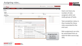 Assigning roles… 
15 
Users can have any number of roles assigned, which are really groups of tasks. 
Task completion status is then tracked for these roles associated to the end user. 
Role assignment can also be automated from an external data source (eg: JDE) 
Assigning tasks by role to individuals  