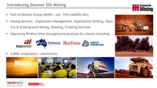 Introducing Downer EDiMining 
Part of Downer Group (DOW) –est. 1933 (AUD$5.4bn) 
Mining services –Exploration Management, Exploitation Drilling, Open Cut & Underground Mining, Blasting, Crushing Services 
Operating 50 Mine Sites throughout Australasia for clients including: 
4,000+ employees / contractors 
4 
 