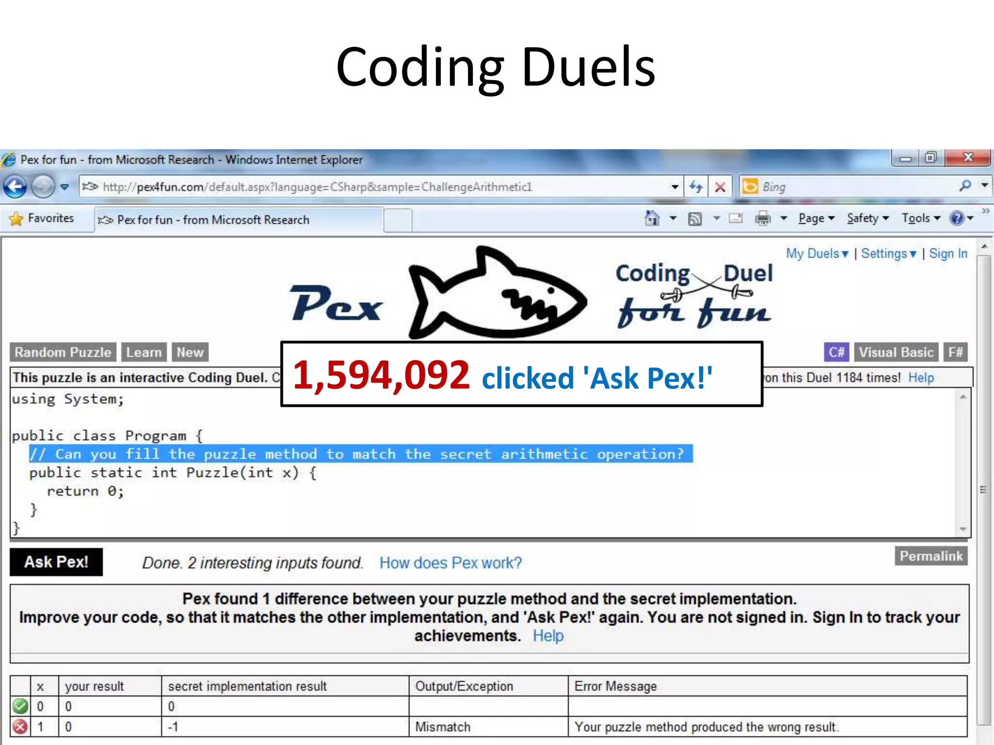 Coding Duels 
1,594,092 clicked 'Ask Pex!' 
 