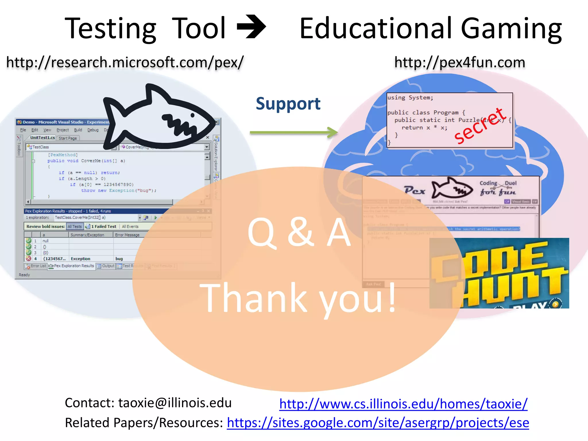 Testing Tool  Educational Gaming 
http://research.microsoft.com/pex/ http://pex4fun.com 
Support 
Q & A 
Thank you! 
Contact: taoxie@illinois.edu http://www.cs.illinois.edu/homes/taoxie/ 
Related Papers/Resources: https://sites.google.com/site/asergrp/projects/ese 
 