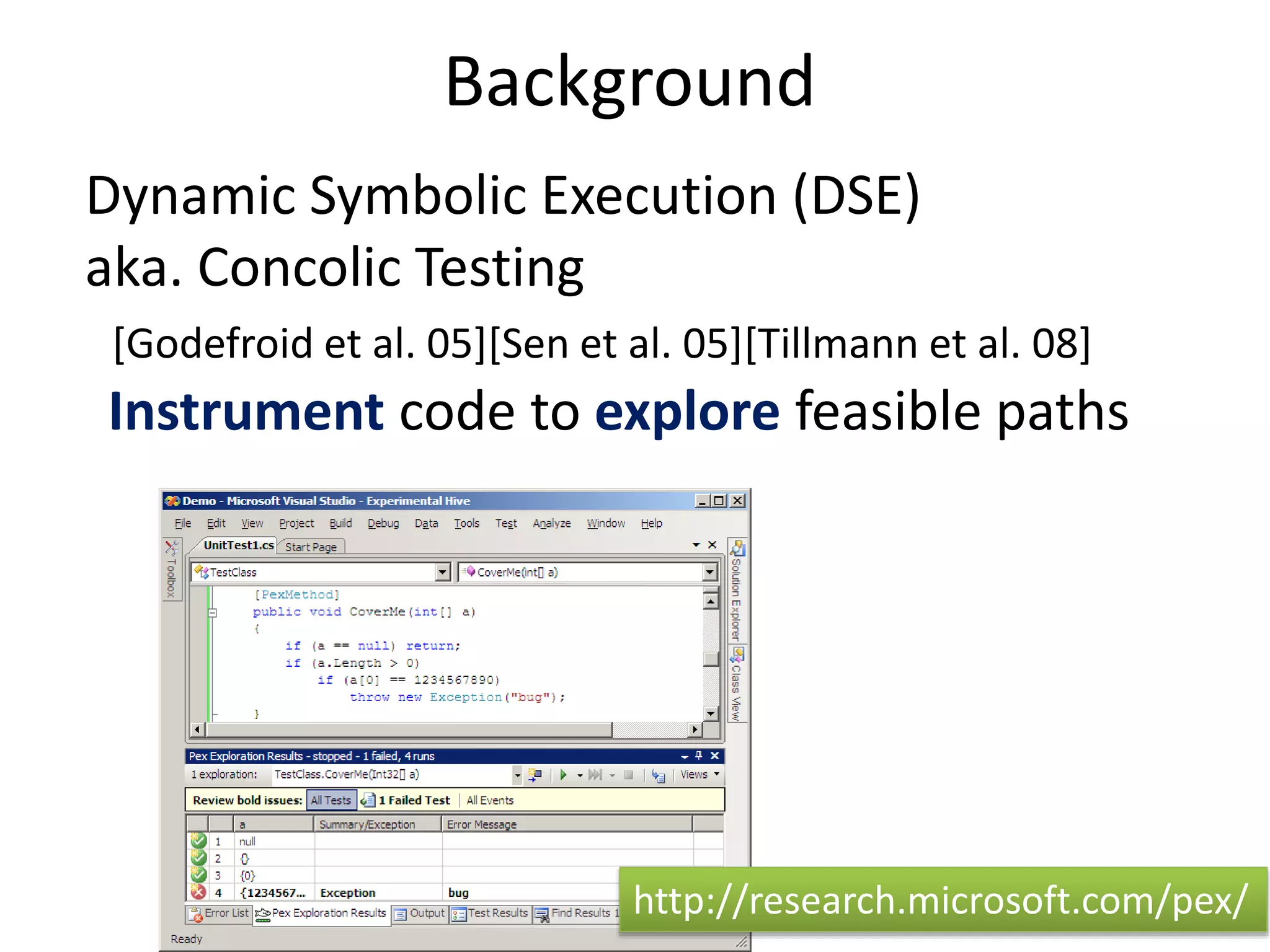 Background 
Dynamic Symbolic Execution (DSE) 
aka. Concolic Testing 
[Godefroid et al. 05][Sen et al. 05][Tillmann et al. 08] 
Instrument code to explore feasible paths 
http://research.microsoft.com/pex/ 
 