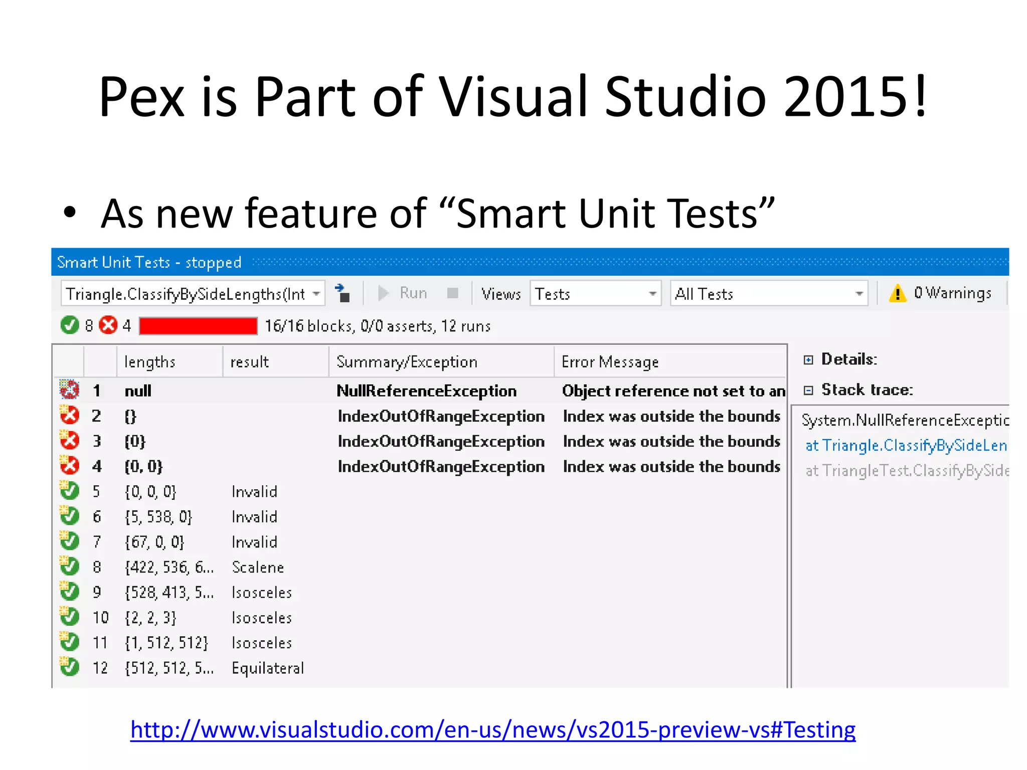 Pex is Part of Visual Studio 2015! 
• As new feature of “Smart Unit Tests” 
http://www.visualstudio.com/en-us/news/vs2015-preview-vs#Testing 
 