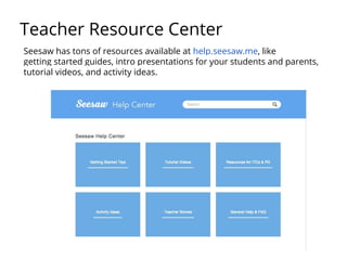 Teacher Resource Center
Seesaw has tons of resources available at help.seesaw.me, like
getting started guides, intro presentations for your students and parents,
tutorial videos, and activity ideas.
 