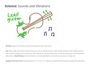 Activity: Explore community sounds and create your own instrument.
Tip: Take a walk around the school and use your ears to identify sounds. Listen closely and take notes of what you hear.
Then use the drawing tool to create your own instrument. Use the audio tool to record the sounds your new instrument
will produce. Reach Group: Use the text box to correctly identify the instrument as percussion, strings, etc.
Supports Common Core: Physical Science 3.1.1, 3.1.2, 3.1.3 : Observe and describe how sound is produced by vibrations.
Science: Sounds and Vibrations
 