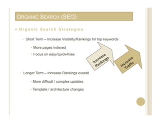 ORGANIC SEARCH (SEO)

•  O r g a n i c S e a r c h S t r a t e g i e s

     •  Short Term – Increase Visibility/Rankings for top keywords

           •  More pages indexed
           •  Focus on easy/quick-fixes




   •  Longer Term – Increase Rankings overall

          •  More difficult / complex updates

          •  Template / architecture changes
 