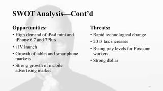 SWOT Analysis—Cont’d
Opportunities:
• High demand of iPad mini and
iPhone 6,7 and 7Plus
• iTV launch
• Growth of tablet and smartphone
markets
• Strong growth of mobile
advertising market
Threats:
• Rapid technological change
• 2013 tax increases
• Rising pay levels for Foxconn
workers
• Strong dollar
22
 