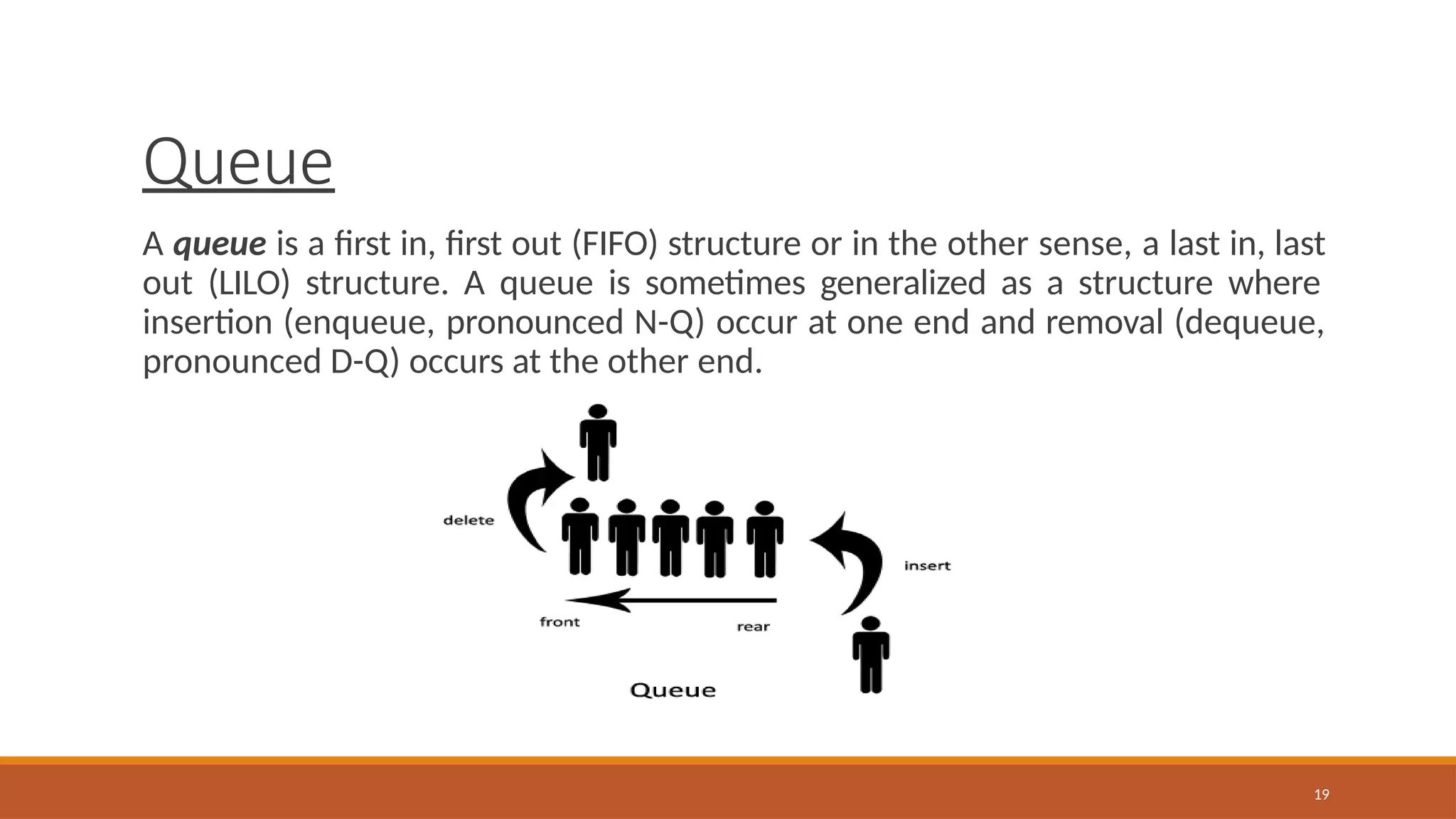 Queue
A queue is a first in, first out (FIFO) structure or in the other sense, a last in, last
out (LILO) structure. A queue is sometimes generalized as a structure where
insertion (enqueue, pronounced N-Q) occur at one end and removal (dequeue,
pronounced D-Q) occurs at the other end.
19
 