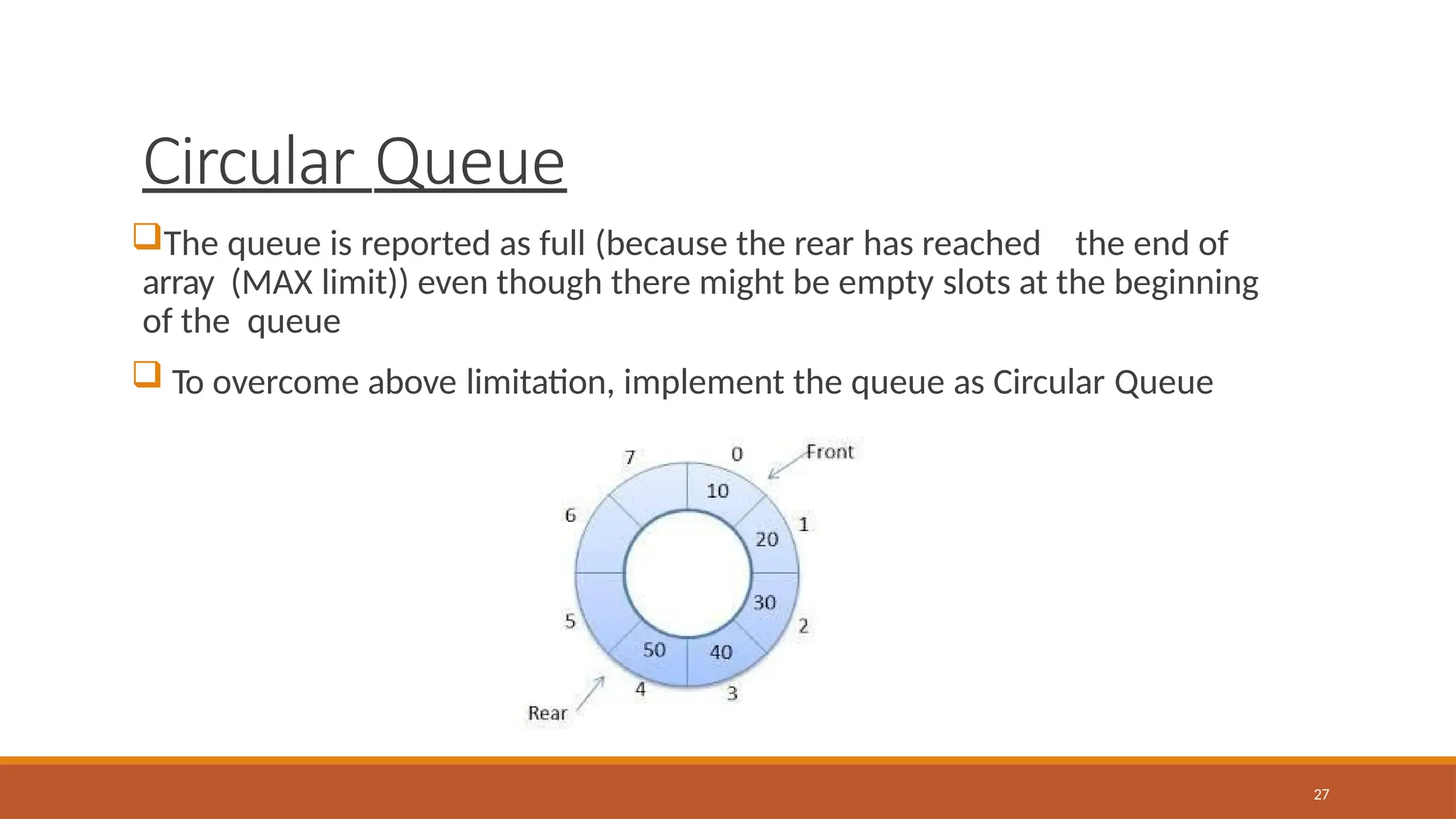 Circular Queue
The queue is reported as full (because the rear has reached the end of
array (MAX limit)) even though there might be empty slots at the beginning
of the queue
 To overcome above limitation, implement the queue as Circular Queue
27
 
