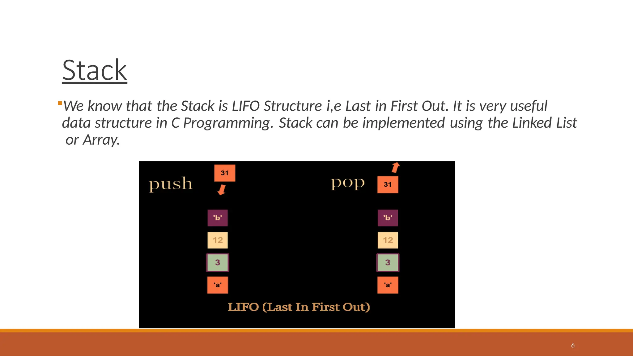 Stack
6
We know that the Stack is LIFO Structure i,e Last in First Out. It is very useful
data structure in C Programming. Stack can be implemented using the Linked List
or Array.
 