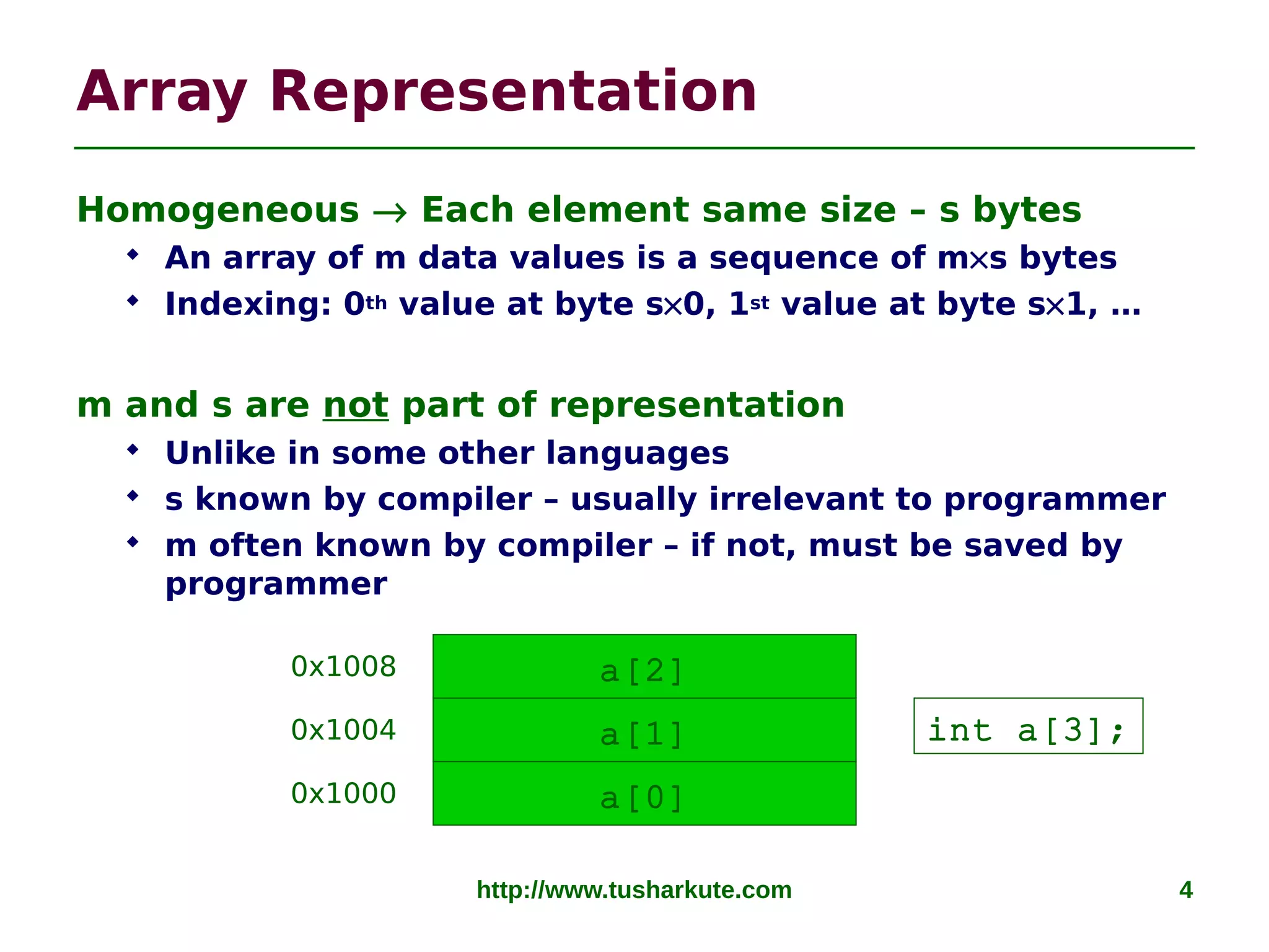 http://www.tusharkute.com 4
Array Representation
Homogeneous → Each element same size – s bytes
 An array of m data values is a sequence of m×s bytes
 Indexing: 0th value at byte s×0, 1st value at byte s×1, …
m and s are not part of representation
 Unlike in some other languages
 s known by compiler – usually irrelevant to programmer
 m often known by compiler – if not, must be saved by
programmer
a[0]
a[1]
a[2]
0x1000
0x1004
0x1008
int a[3];
 