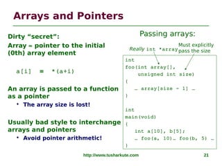 http://www.tusharkute.com 21
Arrays and Pointers
Dirty “secret”:
Array ≈ pointer to the initial
(0th) array element
a[i] ≡...