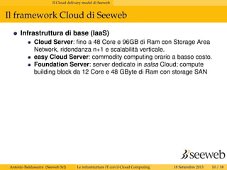 Il Cloud delivery model di Seeweb
Il framework Cloud di Seeweb
Infrastruttura di base (IaaS)
Cloud Server: ﬁno a 48 Core e 96GB di Ram con Storage Area
Network, ridondanza n+1 e scalabilità verticale.
easy Cloud Server: commodity computing orario a basso costo.
Foundation Server: server dedicato in salsa Cloud; compute
building block da 12 Core e 48 GByte di Ram con storage SAN
Antonio Baldassarra (Seeweb Srl) Le infrastrutture IT con il Cloud Computing 18 Settembre 2013 10 / 18
 