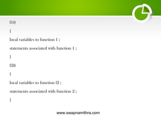 www.swapnamithra.com
f1()
{
local variables to function 1 ;
statements associated with function 1 ;
}
f2()
{
local variables to function f2 ;
statements associated with function 2 ;
}
 
