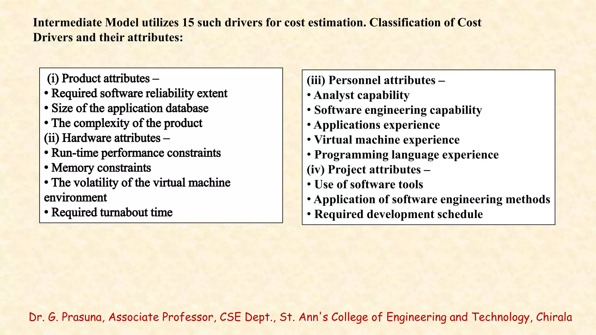 Dr. G. Prasuna, Associate Professor, CSE Dept., St. Ann's College of Engineering and Technology, Chirala
(iii) Personnel attributes –
• Analyst capability
• Software engineering capability
• Applications experience
• Virtual machine experience
• Programming language experience
(iv) Project attributes –
• Use of software tools
• Application of software engineering methods
• Required development schedule
Intermediate Model utilizes 15 such drivers for cost estimation. Classification of Cost
Drivers and their attributes:
 