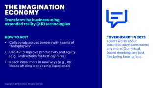 Copyright © 2018 Accenture. All rights reserved.
HOW TO ACT?
THE IMAGINATION
ECONOMY
“OVERHEARD” IN 2023
I don’t worry about
business travel constraints
any more. Our virtual
board meetings are just
like being face to face.
Transform the business using
extended reality (XR) technologies
• Collaborate across borders with teams of
“holoployees”
• Use XR to improve productivity and agility
(e.g., instructions for first-day hires)
• Reach consumers in new ways (e.g., VR
kiosks offering a shopping experience)
 