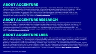 Copyright © 2018 Accenture. All rights reserved.
ABOUT ACCENTURE RESEARCH
Accenture Research shapes trends and creates data-driven insights about the most pressing issues global organizations face.
Combining the power of innovative research techniques with a deep understanding of our clients’ industries, our team of 250
researchers and analysts spans 23 countries and publishes hundreds of reports, articles and points of view every year. Our
thought-provoking research—supported by proprietary data and partnerships with leading organizations such as MIT and
Singularity—guides our innovations and allows us to transform theories and fresh ideas into real-world solutions for our clients.
Visit us at www.accenture.com/research
ABOUT ACCENTURE LABS
Accenture Labs incubates and prototypes new concepts through applied R&D projects that are expected to have a significant strategic
impact on clients’ businesses. Our dedicated team of technologists and researchers work with leaders across the company to invest in,
incubate and deliver breakthrough ideas and solutions that help our clients create new sources of business advantage.
Accenture Labs is located in seven key research hubs around the world: Silicon Valley, CA; Sophia Antipolis, France; Arlington, Virginia;
Beijing, China; Bangalore, India; Herzliya, Israel and Dublin, Ireland. The Labs collaborates extensively with Accenture’s network of nearly
400 innovation centers, studios and centers of excellence located in 92 cities and 35 countries globally to deliver cutting-edge research,
insights and solutions to clients where they operate and live. For more information, please visit www.accenture.com/labs
Copyright © 2018 Accenture. All rights reserved.
ABOUT ACCENTURE
Accenture is a leading global professional services company, providing a broad range of services and solutions in strategy,
consulting, digital, technology and operations. Combining unmatched experience and specialized skills across more than 40
industries and all business functions—underpinned by the world’s largest delivery network—Accenture works at the
intersection of business and technology to help clients improve their performance and create sustainable value for their
stakeholders. With more than 435,000 people serving clients in more than 120 countries, Accenture drives innovation to
improve the way the world works and lives. Visit us at www.accenture.com
 