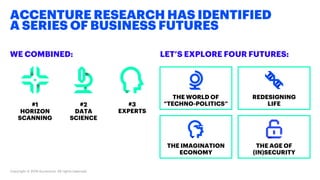 Copyright © 2018 Accenture. All rights reserved.
WE COMBINED:
ACCENTURE RESEARCH HAS IDENTIFIED
A SERIES OF BUSINESS FUTURES
LET’S EXPLORE FOUR FUTURES:
#3
EXPERTS
#2
DATA
SCIENCE
#1
HORIZON
SCANNING
THE WORLD OF
“TECHNO-POLITICS”
REDESIGNING
LIFE
THE IMAGINATION
ECONOMY
THE AGE OF
(IN)SECURITY
 