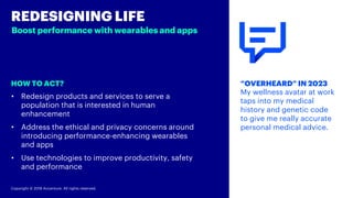 Copyright © 2018 Accenture. All rights reserved.
HOW TO ACT?
REDESIGNING LIFE
“OVERHEARD” IN 2023
My wellness avatar at work
taps into my medical
history and genetic code
to give me really accurate
personal medical advice.
• Redesign products and services to serve a
population that is interested in human
enhancement
• Address the ethical and privacy concerns around
introducing performance-enhancing wearables
and apps
• Use technologies to improve productivity, safety
and performance
Boost performance with wearables and apps
 