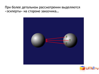 При более детальном рассмотрении выделяются
«эскперты» на стороне заказчика…




            Разработчик            Заказчик
 