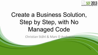 Create a Business Solution,
Step by Step, with No
Managed Code
Christian Ståhl & Marc D Anderson
 