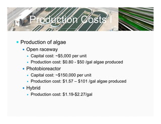 Production Costs I

 Production of algae
    Open raceway
         Capital cost: ~$5,000 per unit
         Production cost: $0.80 - $50 /gal algae produced
     Photobioreactor
         Capital cost: ~$150,000 per unit
         Production cost: $1.57 – $101 /gal algae produced
     Hybrid
         Production cost: $1.19-$2.27/gal
 