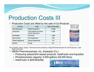 Production Costs III
 Production Costs are offset by the sale of Co-Products




From Zemke, Wood, & Dye, Technoeconomic Analysis of Algal Photobioreactors for Oil Production, Utah
   State University
 MERA Pharmaceuticals, Inc. (Hawaiian Co.)
      Producing astaxanthin-based products: AstaFactor and AquaXan
      Photobioreactor capacity: 6,000 gallons (25,000 liters)
      AstaFactor is $29.95/bottle
 