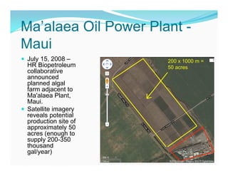 Ma’alaea Oil Power Plant -
Maui
 July 15, 2008 –      200 x 1000 m =
  HR Biopetroleum      50 acres
  collaborative
  announced
  planned algal
  farm adjacent to
  Ma'alaea Plant,
  Maui.
 Satellite imagery
  reveals potential
  production site of
  approximately 50
  acres (enough to
  supply 200-350
  thousand
  gal/year)
 