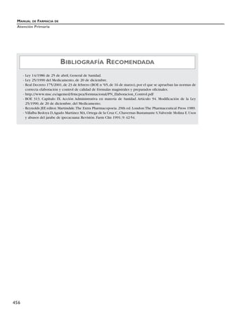 MANUAL DE FARMACIA DE
Atención Primaria
456
- Ley 14/1986 de 25 de abril, General de Sanidad.
- Ley 25/1990 del Medicamento, de 20 de diciembre.
- Real Decreto 175/2001,de 23 de febrero (BOE n º65,de 16 de marzo),por el que se aprueban las normas de
correcta elaboración y control de calidad de fórmulas magistrales y preparados oficinales.
- http://www.msc.es/agemed/frmcpea/formnacional/PN_Elaboracion_Control.pdf
- BOE 313. Capítulo IX. Acción Administrativa en materia de Sanidad. Artículo 94. Modificación de la Ley
25/1990, de 20 de diciembre, del Medicamento.
- Reynolds JEF, editor. Martindale.The Extra Pharmacopoeia. 29th ed. London:The Pharmaceutical Press 1989.
- Villalba Bedoya D,Agudo Martínez MA,Ortega de la Cruz C,Chavernas Bustamante S,Valverde Molina E.Usos
y abusos del jarabe de ipecacuana: Revisión. Farm Clin 1991; 9: 42-54.
BIBLIOGRAFÍA RECOMENDADA
 