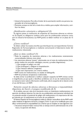 • Industria farmacéutica. Para ello, el titular de la autorización tendrá una persona res-
ponsable de la farmacovigilancia.
• Pacientes, aunque es más útil a través de su médico, para ampliar información y veri-
ficar los datos.
¿Notificación voluntaria u obligatoria? (5)
En algunos países, la notificación de sospechas de reacciones adversas es volunta-
ria. En España, es obligatorio notificar, tanto para los profesionales sanitarios como
para la industria farmacéutica. Las RAM graves se deben notificar en un plazo de 15
días.
¿Cómo notificar?
Se deben utilizar las tarjeta amarillas que distribuyen los correspondientes Centros
Regionales de Farmacovigilancia o mediante comunicación al laboratorio titular del
medicamento relacionado.
¿Qué se debe notificar? (7)
• Todas las sospechas de reacciones adversas a los medicamentos recientemente
comercializados (últimos cinco años).
• Las reacciones adversas “graves” relacionadas con el resto de medicamentos (inclu-
yendo medios de contraste radiológico, vacunas y pruebas diagnósticas):
1. Que pongan en peligro una vida.
2. Que prolonguen u obliguen la hospitalización.
3. Que induzcan defectos congénitos.
4. Que sean importantes, con criterio médico.
• RAM nuevas de medicamentos, no citadas en bibliografía.
• RAM de productos terapéuticos tradicionales.
Se debe animar al profesional a notificar cualquier sospecha de RAM, incluso común
o insignificante, ya que ayuda a identificar problemas con el uso de medicamentos. No
es necesario tener toda la información confirmada, sólo la sospecha de la relación entre
el uso del fármaco y la RAM.
Relación causal de efectos adversos a fármacos o imputabilidad.
Algoritmo de Karch y Lasagna modificado (8, 9)
Es el análisis, caso por caso, de la asociación entre un tratamiento medicamentoso y la
aparición de efectos adversos. Se trata de una problemática estrictamente individual que
no pretende estudiar el potencial de peligro del medicamento, ni la importancia del ries-
go inducido por el medicamento en el seno de una población.
El Sistema Español de Farmacovigilancia analiza la relación causa-efecto de las RAM notifi-
cadas mediante el algoritmo de Karch y Lasagna (Tabla 4) que se ha modificado para cuan-
tificar numéricamente la imputabilidad. Los criterios que se emplean en este algoritmo son:
1. Secuencia temporal: haber transcurrido un tiempo entre la administración de un fár-
maco y la aparición del efecto.
MANUAL DE FARMACIA DE
Atención Primaria
482
 
