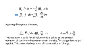 𝑠
𝑗 ∙ 𝑑𝑠 = −
𝜕
𝜕𝑡 𝑣
𝜌 dv
𝑠
𝑗 ∙ 𝑑𝑠= 𝑣
𝜕𝜌
𝜕𝑡
dv
Applying divergence theorem,
𝑣
∇ ∙ 𝑗 dv = 𝑣
𝜕𝜌
𝜕𝑡
∙ 𝑑𝑣 since ∇ ∙ 𝑗 =
𝜕𝜌
𝜕𝑡
This equation is valid for all volume v & is called as the general
equation of continuity between current density 𝑗 & charge density 𝜌 at
a point. This also called equation of conservation of charge.
 