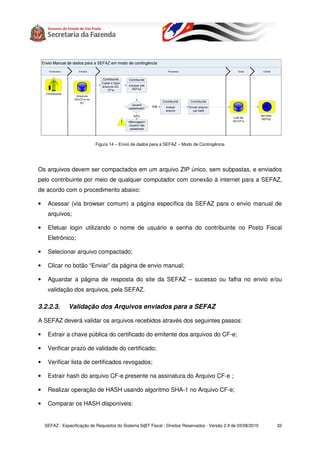 Figura 14 – Envio de dados para a SEFAZ – Modo de Contingência




Os arquivos devem ser compactados em um arquivo ZIP único, sem subpastas, e enviados
pelo contribuinte por meio de qualquer computador com conexão à internet para a SEFAZ,
de acordo com o procedimento abaixo:

•    Acessar (via browser comum) a página específica da SEFAZ para o envio manual de
     arquivos;

•    Efetuar login utilizando o nome de usuário e senha do contribuinte no Posto Fiscal
     Eletrônico;

•    Selecionar arquivo compactado;

•    Clicar no botão “Enviar” da página de envio manual;

•    Aguardar a página de resposta do site da SEFAZ – sucesso ou falha no envio e/ou
     validação dos arquivos, pela SEFAZ.

3.2.2.3.       Validação dos Arquivos enviados para a SEFAZ

A SEFAZ deverá validar os arquivos recebidos através dos seguintes passos:

•    Extrair a chave pública do certificado do emitente dos arquivos do CF-e;

•    Verificar prazo de validade do certificado;

•    Verificar lista de certificados revogados;

•    Extrair hash do arquivo CF-e presente na assinatura do Arquivo CF-e ;

•    Realizar operação de HASH usando algoritmo SHA-1 no Arquivo CF-e;

•    Comparar os HASH disponíveis:


    SEFAZ - Especificação de Requisitos do Sistema S@T Fiscal - Direitos Reservados - Versão 2.9 de 03/08/2010   32
 