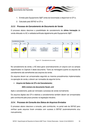 1. Emitido pelo Equipamento S@T antes da transmissão e disponível no CF-e;

        2. Calculado pela SEFAZ no CF-e.

3.2.3. Processo de Cancelamento de Documento de Venda

O processo abaixo descreve a possibilidade de cancelamento da última transação de
venda efetuada no AC e validada/certificada digitalmente pelo Equipamento S@T.




                                          Figura 15 - Cancelamento de venda




No cancelamento da venda, o AC deve gerar automaticamente um arquivo com os campos
especificados no Capítulo 5 deste documento. Tanto as mensagens quanto os arquivos de
cancelamento são semelhantes aos arquivos da venda.

Os arquivos devem ser armazenados seguindo os mesmos procedimentos implementados
na operação de venda, e devem ser nomeados da seguinte forma:

   •    Arquivo de Dados do CF-e de Cancelamento:

                 ADC<número do documento fiscal>.xml

Após o cancelamento, pode ser reiniciado o processo de venda normalmente.

Os arquivos digitais dos CF-e relativos a cancelamentos também devem ser armazenados
pelo contribuinte pelo prazo previsto na legislação tributária.

3.2.4. Processo de Consulta dos Status de Arquivos Enviados

O processo abaixo descreve a consulta, pelo contribuinte, no portal web da SEFAZ para
verificar quais arquivos foram enviados com sucesso à SEFAZ (automaticamente e/ou
manualmente).




  SEFAZ - Especificação de Requisitos do Sistema S@T Fiscal - Direitos Reservados - Versão 2.9 de 03/08/2010   33
 