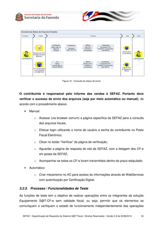 Figura 16 - Consulta do status de envio




O contribuinte é responsável pelo informe das vendas à SEFAZ. Portanto deve
verificar o sucesso de envio dos arquivos (seja por meio automático ou manual), de
acordo com o procedimento abaixo:

   •    Manual:

             o   Acessar (via browser comum) a página específica da SEFAZ para a consulta
                 dos arquivos fiscais;

             o   Efetuar login utilizando o nome de usuário e senha do contribuinte no Posto
                 Fiscal Eletrônico;

             o   Clicar no botão “Verificar” da página de verificação;

             o   Aguardar a página de resposta do site da SEFAZ, com a listagem dos CF-e
                 em posse da SEFAZ;

             o   Acompanhar se todos os CF-e foram transmitidos dentro do prazo estipulado.

   •    Automático:

             o   Criar mecanismo no AC para acesso às informações através de WebServices
                 com autenticação por Certificação Digital.

3.2.5. Processo / Funcionalidades de Teste

As funções de teste tem o objetivo de realizar operações entre os integrantes da solução
Equipamento S@T-CF-e sem validade fiscal, ou seja, permitir que os elementos se
comuniquem e verifiquem o estado de funcionamento independentemente das operações


  SEFAZ - Especificação de Requisitos do Sistema S@T Fiscal - Direitos Reservados - Versão 2.9 de 03/08/2010   34
 