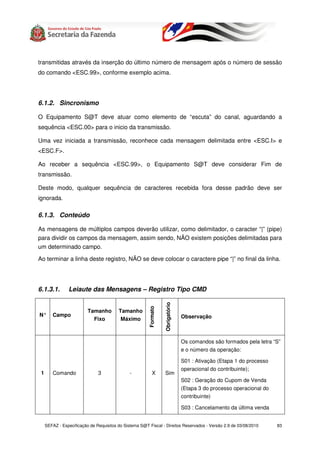 transmitidas através da inserção do último número de mensagem após o número de sessão
do comando <ESC.99>, conforme exemplo acima.




6.1.2. Sincronismo

O Equipamento S@T deve atuar como elemento de “escuta” do canal, aguardando a
sequência <ESC.00> para o inicio da transmissão.

Uma vez iniciada a transmissão, reconhece cada mensagem delimitada entre <ESC.I> e
<ESC.F>.

Ao receber a sequência <ESC.99>, o Equipamento S@T deve considerar Fim de
transmissão.

Deste modo, qualquer sequência de caracteres recebida fora desse padrão deve ser
ignorada.

6.1.3. Conteúdo

As mensagens de múltiplos campos deverão utilizar, como delimitador, o caracter “|” (pipe)
para dividir os campos da mensagem, assim sendo, NÃO existem posições delimitadas para
um determinado campo.

Ao terminar a linha deste registro, NÃO se deve colocar o caractere pipe “|” no final da linha.




6.1.3.1.        Leiaute das Mensagens – Registro Tipo CMD
                                                                  Obrigatório
                                                        Formato




                          Tamanho        Tamanho
N°      Campo                                                                   Observação
                            Fixo          Máximo



                                                                                Os comandos são formados pela letra “S”
                                                                                e o número da operação:

                                                                                S01 : Ativação (Etapa 1 do processo
                                                                                operacional do contribuinte);
 1      Comando                3               -           X      Sim
                                                                                S02 : Geração do Cupom de Venda
                                                                                (Etapa 3 do processo operacional do
                                                                                contribuinte)

                                                                                S03 : Cancelamento da última venda


     SEFAZ - Especificação de Requisitos do Sistema S@T Fiscal - Direitos Reservados - Versão 2.9 de 03/08/2010       83
 