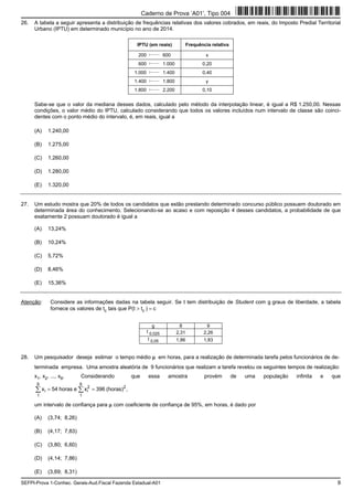 SEFPI-Prova 1-Conhec. Gerais-Aud.Fiscal Fazenda Estadual-A01 9
26. A tabela a seguir apresenta a distribuição de frequências relativas dos valores cobrados, em reais, do Imposto Predial Territorial
Urbano (IPTU) em determinado município no ano de 2014.
IPTU (em reais) Frequência relativa
200 600 x
600 1.000 0,20
1.000 1.400 0,40
1.400 1.800 y
1.800 2.200 0,10
Sabe-se que o valor da mediana desses dados, calculado pelo método da interpolação linear, é igual a R$ 1.250,00. Nessas
condições, o valor médio do IPTU, calculado considerando que todos os valores incluídos num intervalo de classe são coinci-
dentes com o ponto médio do intervalo, é, em reais, igual a
(A) 1.240,00
(B) 1.275,00
(C) 1.260,00
(D) 1.280,00
(E) 1.320,00
27. Um estudo mostra que 20% de todos os candidatos que estão prestando determinado concurso público possuem doutorado em
determinada área do conhecimento. Selecionando-se ao acaso e com reposição 4 desses candidatos, a probabilidade de que
exatamente 2 possuam doutorado é igual a
(A) 13,24%
(B) 10,24%
(C) 5,72%
(D) 8,46%
(E) 15,36%
Atenção: Considere as informações dadas na tabela seguir. Se t tem distribuição de Student com g graus de liberdade, a tabela
fornece os valores de tc tais que P(t > tc ) = c
g 8 9
t 0,025 2,31 2,26
t 0,05 1,86 1,83
28. Um pesquisador deseja estimar o tempo médio μ em horas, para a realização de determinada tarefa pelos funcionários de de-
terminada empresa. Uma amostra aleatória de 9 funcionários que realizam a tarefa revelou os seguintes tempos de realização:
x1, x2, ..., x9. Considerando que essa amostra provém de uma população infinita e que
,)horas(396xehoras54x 2
9
1
2
i
9
1
i == 
um intervalo de confiança para μ com coeficiente de confiança de 95%, em horas, é dado por
(A) (3,74; 8,26)
(B) (4,17; 7,83)
(C) (3,80; 6,60)
(D) (4,14; 7,86)
(E) (3,69; 8,31)
Caderno de Prova ’A01’, Tipo 004
 
