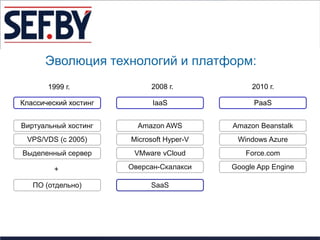 Эволюция технологий и платформ:
       1999 г.              2008 г.             2010 г.

Классический хостинг         IaaS                PaaS


Виртуальный хостинг      Amazon AWS        Amazon Beanstalk
 VPS/VDS (с 2005)      Microsoft Hyper-V    Windows Azure
Выделенный сервер       VMware vCloud         Force.com

         +             Оверсан-Скалакси    Google App Engine

   ПО (отдельно)            SaaS
 