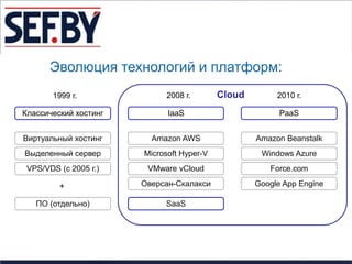 Эволюция технологий и платформ:
       1999 г.              2008 г.        Cloud        2010 г.

Классический хостинг         IaaS                        PaaS


Виртуальный хостинг      Amazon AWS                Amazon Beanstalk
Выделенный сервер      Microsoft Hyper-V            Windows Azure
 VPS/VDS (с 2005 г.)    VMware vCloud                 Force.com

         +             Оверсан-Скалакси            Google App Engine

   ПО (отдельно)            SaaS
 