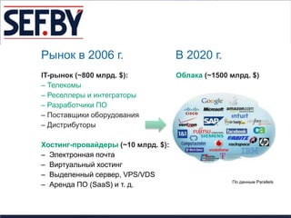 Рынок в 2006 г.                     В 2020 г.
IT-рынок (~800 млрд. $):            Облака (~1500 млрд. $)
– Телекомы
– Реселлеры и интеграторы
– Разработчики ПО
– Поставщики оборудования
– Дистрибуторы

Хостинг-провайдеры (~10 млрд. $):
– Электронная почта
– Виртуальный хостинг
– Выделенный сервер, VPS/VDS
                                                  По данным Parallels
– Аренда ПО (SaaS) и т. д.
 