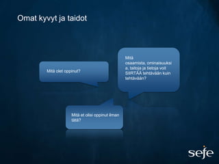 Omat kyvyt ja taidot



                                                   Mitä
                                                   osaamista, ominaisuuksi
                                                   a, taitoja ja tietoja voit
        Mitä olet oppinut?                         SIIRTÄÄ tehtävään kuin
                                                   tehtävään?




                     Mitä et olisi oppinut ilman
                     tätä?
 