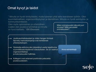 Omat kyvyt ja taidot



                                                        Miten ominaisuudet näkyvät juuri
                                                        sinussa? Millä perustelet
                                                        ominaisuutesi?



   Joukkueurheilutaustani ja viiden hengen tiimissä
   läpiviety mainoskampanja ovat kehittäneet
   yhteistyötaitojani.

   Opiskelija-aktiivina olen järjestänyt useita tapahtumia
   suunnittelusta käytännön toteutukseen. Se on vaatinut     Anna esimerkkejä
   organisointitaitoja
   ja kokonaisuuden hallintaa.

   Kollegani ovat antaneet positiivista palautetta
   joustavuudestani.
 
