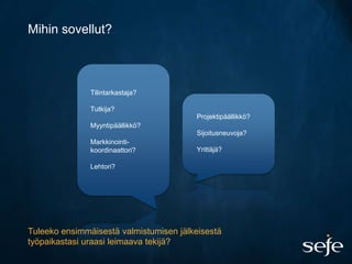 Mihin sovellut?



               Tilintarkastaja?

               Tutkija?
                                        Projektipäällikkö?
               Myyntipäällikkö?
                                        Sijoitusneuvoja?
               Markkinointi-
               koordinaattori?          Yrittäjä?

               Lehtori?




Tuleeko ensimmäisestä valmistumisen jälkeisestä
työpaikastasi uraasi leimaava tekijä?
 