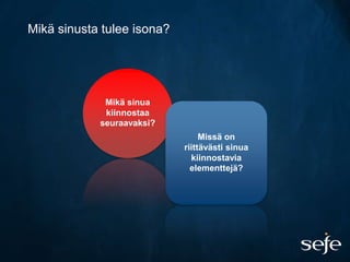 Mikä sinusta tulee isona?




             Mikä sinua
             kiinnostaa
            seuraavaksi?
                                 Missä on
                            riittävästi sinua
                              kiinnostavia
                              elementtejä?
 