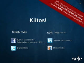25




                    Kiitos!

Tutustu myös:                           blogi.sefe.fi/


    Suomen Ekonomiliitto –             Suomen Ekonomiliitto
    Finlands Ekonomförbund - SEFE ry


    Ekonomiliitto                      Ekonomiliitto
 