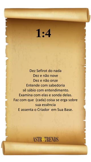 Dez Sefirot do nada
Dez e não nove
Dez e não onze
Entende com sabedoria
sê sábio com entendimento.
Examina com elas e sonda delas.
Faz com que (cada) coisa se erga sobre
sua essência
E assenta o Criador em Sua Base.
 