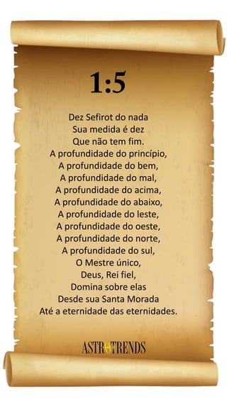 Dez Sefirot do nada
Sua medida é dez
Que não tem fim.
A profundidade do princípio,
A profundidade do bem,
A profundidade do mal,
A profundidade do acima,
A profundidade do abaixo,
A profundidade do leste,
A profundidade do oeste,
A profundidade do norte,
A profundidade do sul,
O Mestre único,
Deus, Rei fiel,
Domina sobre elas
Desde sua Santa Morada
Até a eternidade das eternidades.
 